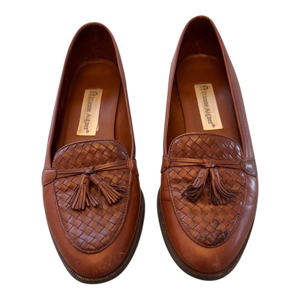 Vintage Etienne Aigner Womens 7 N Tassel Loafers Woven Brown Leather Made Spain - Picture 2 of 13